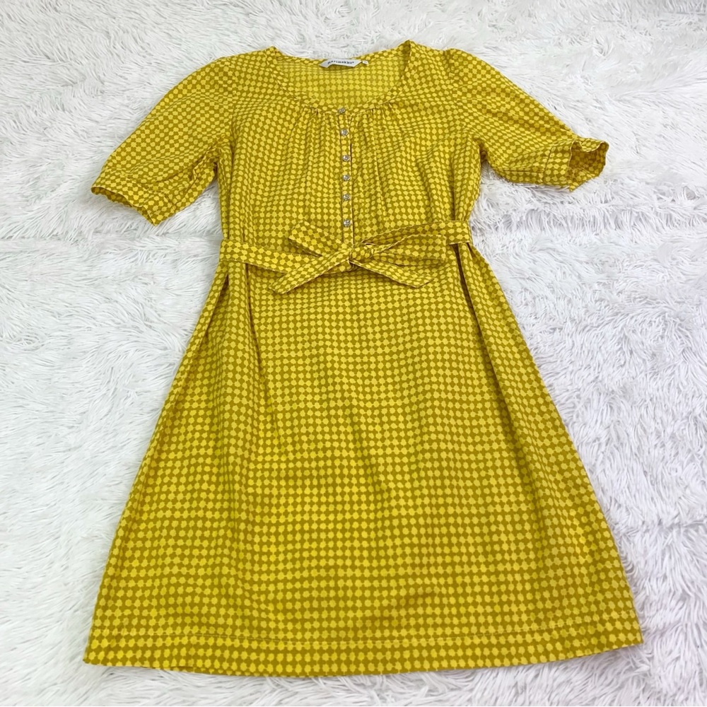 Marimekko Yellow puff sleeve printed a-line mini cotton dress tie waist‎